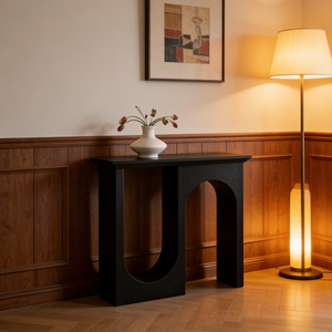 Meuble console moderne et durable de luxe noir à double arche avec découpe en U, en bois, pour salon, salle à manger, <span class=keywords><strong>cave</strong></span> à <span class=keywords><strong>vin</strong></span> - Product Image 2
