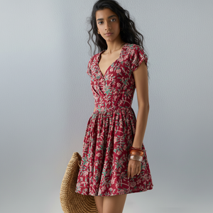 Bombay Paisley ชุดเดรส A-Line ผ้าฝ้ายลายดอกไม้สีแดง - Product Image 1