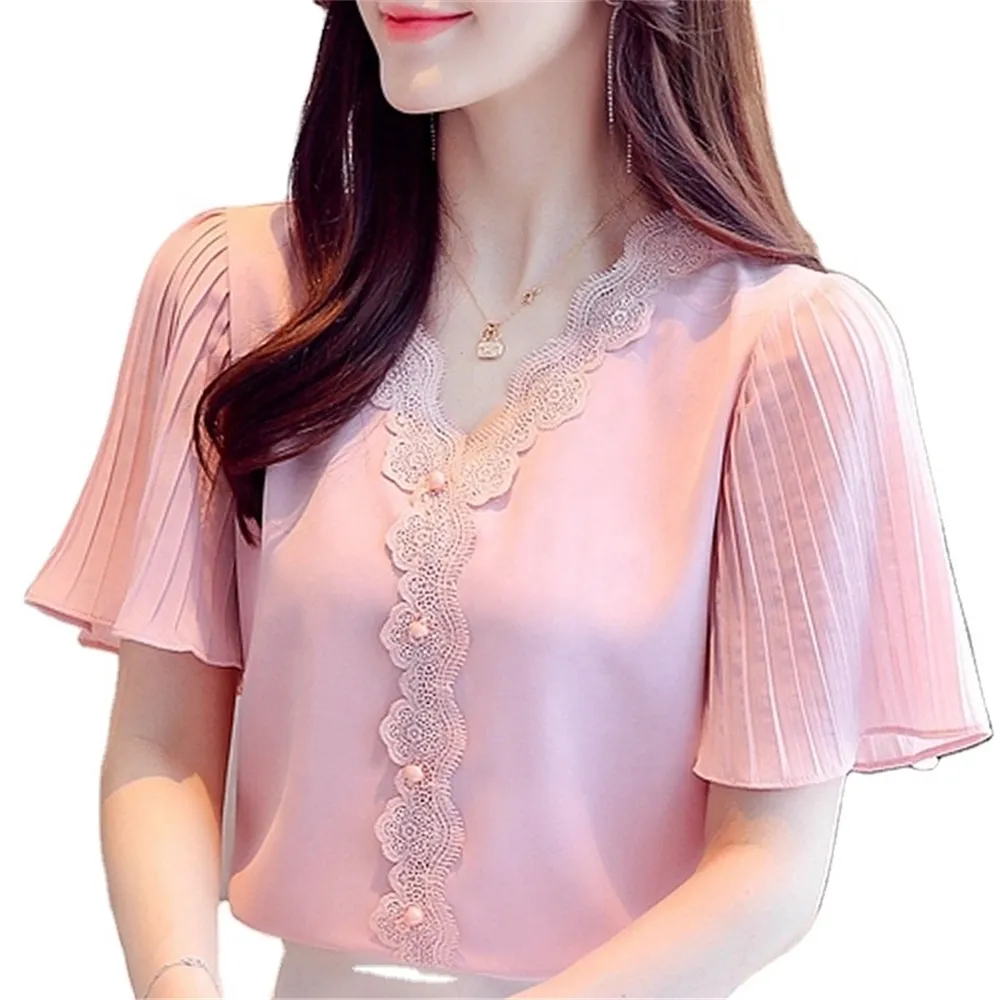 Blusa De chifón con manga corta para Verano, camisa con cuello en V para Mujer, E751