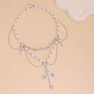 Collar de Perlas de Imitación en Capas, Diseño Geométrico Multicadena, Joyería de Moda para Fiesta, Colgante de Perla Blanca - Product Image 3