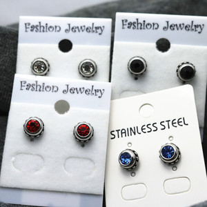 yunnique <b>Stud</b> <b>Earrings</b> 316 Stainless Steel Round Zirconia Bezel Setting Unisex Jewelry Fashionable <b>Earrings</b> Red <b>Blue</b> Black White - Product Image 4