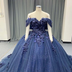 Robe de Quinceañera moderne bleu marine Lsany285 avec appliques florales 3D, tulle scintillant, robe de bal, traîne chapelle, corsage en cœur - Product Image 4
