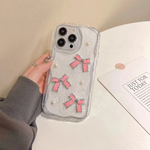 Funda de Teléfono <span class=keywords><strong>para</strong></span> <span class=keywords><strong>Mujer</strong></span> Estilo Coreano Ins con Lazo de Epoxy con Brillantina y Perlas <span class=keywords><strong>para</strong></span> <span class=keywords><strong>iPhone</strong></span> 15 Pro Max 16 Plus 14 13 17 de Venta al por Mayor Directo de Fábrica - Product Image 2