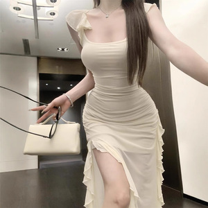Sweet And Spicy Girl Style Halter Dress With Slit And Ruffles Summer Waist Cinching Slim Fit Long Skirt For Club Wear - Product Image 1