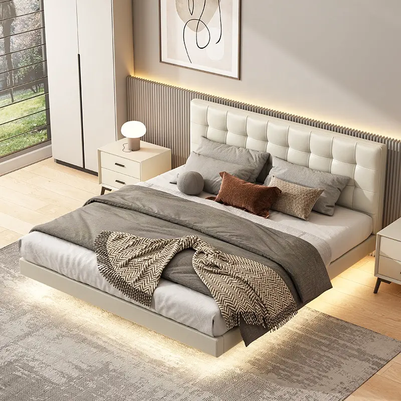 Marco de cama flotante de último diseño de lujo, diseño de cuero, dormitorio, cama blanca, juego de muebles, tamaño King y Queen