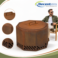 Brasero d'extérieur rustique en acier Corten octogonal avec couvercle circulaire encastré, poignée en U et lames de ventilation à persiennes pour bois de chauffage