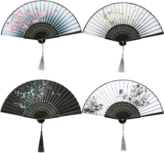 DS Design Hand-Held Bamboo Craft Folding Fan Carved with Silk Fabric for Parties Weddings Gifts Wall Decoration Folk Art Style
