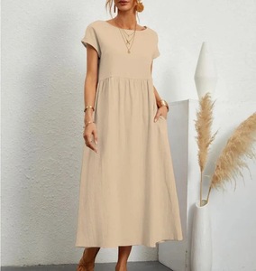Abito lungo da donna a tinta unita con scollo rotondo, stile europeo e americano, a maniche corte, vita alta, con tasche laterali, casual estivo - Product Image 1