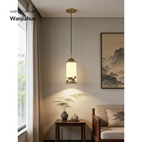 Lámpara Colgante de Cobre Estilo Dinastía Song con Pantalla de Vidrio, Luz LED de Inspiración China Moderna y Vintage para Dormitorios y Barra de Bar