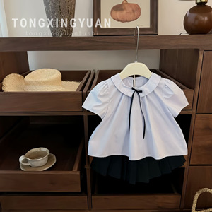 Tongxingyuan Girls' School Style Two-Piece Set White Shirt Black Skirt Cotton Summer Outfit - Product Image 1