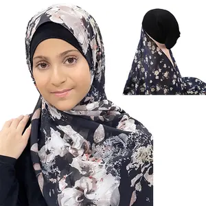 Fornitore all'ingrosso turchia moda donna musulmana Hijab sciarpa scialle foulard 2 in 1Jersey berretti interni floreale Chiffon Hijab istantaneo