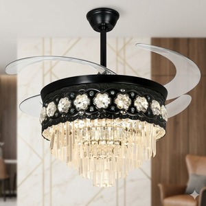 <b>LED</b> <b>Ceiling</b> Fan with Retractable Blades <b>Crystal</b> Chandelier <b>Light</b> Remote Control Silent Motor Modern Home Decor - Product Image 1
