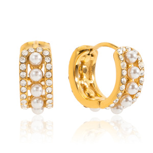 Huggie Earrings Gold Tone Pearl Rhinestone Channel Setting Stainless Steel Everyday Wear - Product Image 5