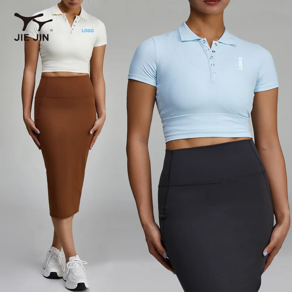 JIEJIN Camisas polo cortadas de botão em branco para mulheres de moda básica de alta qualidade manga curta slim fit