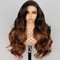 Perruque frontale en dentelle HD 13x4 en gros, marron avec mèches, sans colle, en cheveux humains, ondulée, pré-épilée, pré-coupée, en dentelle, cheveux vierges bruts
