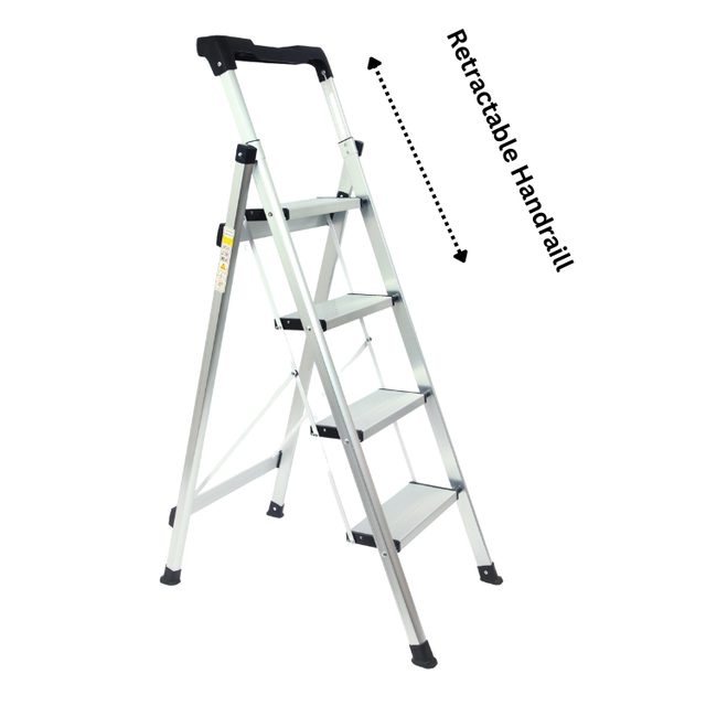 2025 New Modern Design Retractable Telescopic Aluminum Handrail 3-6 Steps Folding Ladder with Tool Tray for Household Use