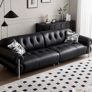 French Retro Black Cloud Top Grain Leather Straight Sofa Italian Minimal Couch for Small Living Room Home Decor - Product Image 4