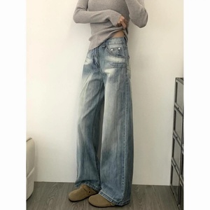 Jeans de Pierna Recta Holgados con Bordado de Diseño Retro para Mujer, Primavera y Otoño, Pantalones Anchos Holgados y Ajustados con Lavado Nuevo - Product Image 1