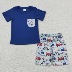 2023 New arrivals RTS police car pattern baby shorts sets children's summer clothes suits kids boys blue outfits