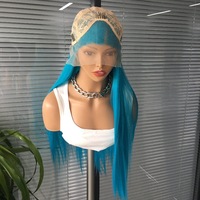 Wig Serat Sintetis Premium Futura Fibra HD 13*4 Lace Front 320g Biru Muda Lurus Matte Tahan Panas untuk Wanita