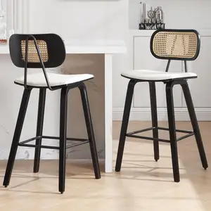 Rattan geri ile Modern sayaç yüksekliği Barstools, ev Bar kahve dükkanı için katı ahşap bacak ile döşemeli mutfak ada sandalye