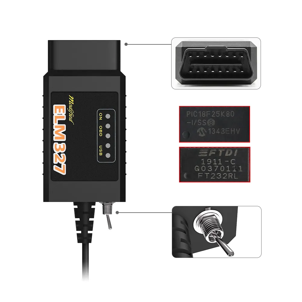 أحدث ELM327 V1.5 OBD2 USB معدلة مع PIC25K80 و FT232RL رقاقة سيارة USB آلة التشخيص لجميع السيارات