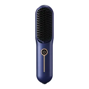 Upgraded Portable USB Rechargeable Hair Straightener Brush Wireless Hot Comb Cordless Electric Hair Brushes 2 In 1 Plastic Blue