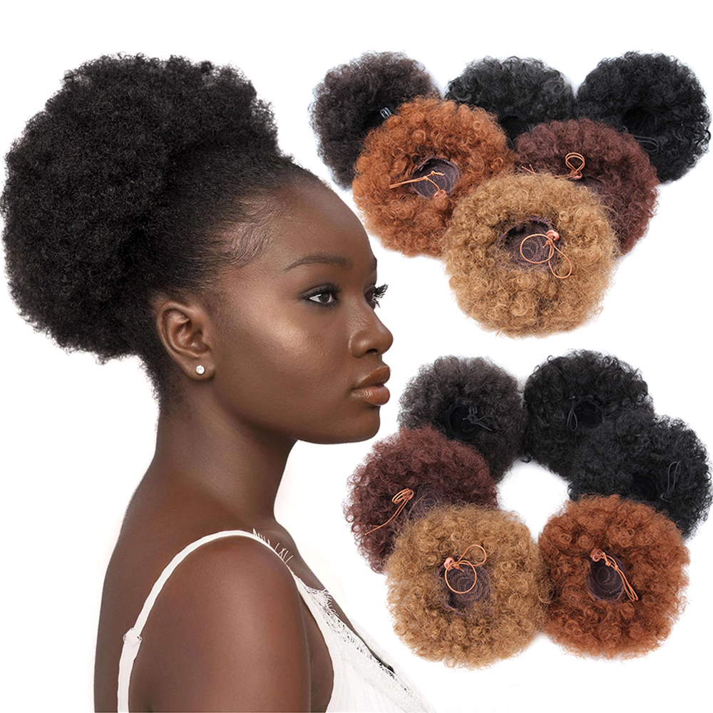 AliLeader Perfect Afro Messy Bun Drawstring Ponytail Extensions Clip On Bun Hair Piece Natural Puff Short Afro Curly Synthetic