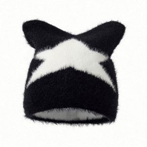 Wholesale Soft Star Faux Fur Beanies Cute Cat Ears Warm Jacquard <b>Hats</b> Knitted <b>Hat</b> <b>for</b> Women Autumn and Winter Street Y2K Beanies - Product Image 1