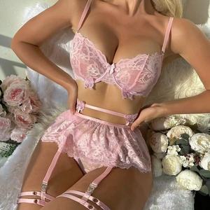Set Lingerie in pizzo con spalline da donna di 4 pezzi XL taglia trasparente reggiseno puro lustro gonna perizoma regolabile per esportazione all'ingrosso - Product Image 2