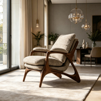 Fauteuil d'appoint en bois massif de style mid-century, fauteuil inclinable en tissu lin pour salon