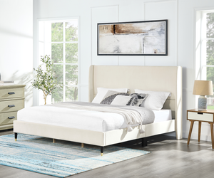 Beige Velvet Modern Adjustable <b>Convertible</b> Wingback Platform Soft <b>Bed</b> King - Product Image 1