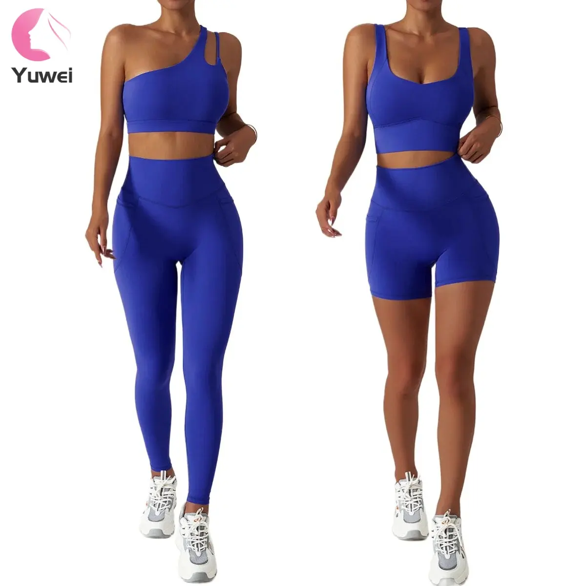 Logo personalizzato Fitness WearGym ActiveWear 4 pezzo monospalla reggiseno sportivo Shorts glutei Leggings allenamento Yoga Set per le donne