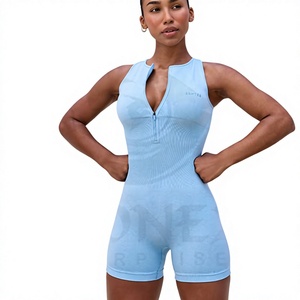 Body elástico sin costuras azul claro para mujer con cuello redondo y diseño de cremallera, ropa deportiva, servicios OEM - Product Image 1