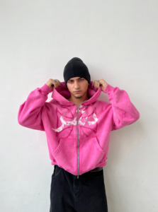 Sudadera con capucha de cremallera completa para hombre Y2K, lavado ácido, efecto desgastado por el sol, corte holgado, forro polar grueso, estilo urbano <span class=keywords><strong>grunge</strong></span>, gráfico craquelado, venta al por mayor OEM - Product Image 3