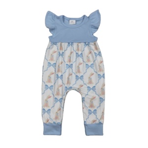 Conjunto de Mameluco de Manga Corta para Bebé Niño, Modelo SR3806, con Estampado de Conejito de Pascua y Lazos Azules, Venta al por Mayor, Listo para Enviar - Product Image 1