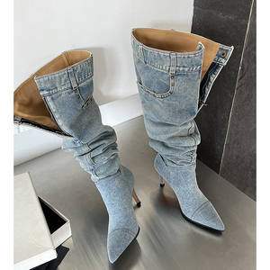 Toptan/OEM amerikan baharat kızlar kış yüksek üst diz-yüksek Denim çizmeler sivri burun <span class=keywords><strong>Stiletto</strong></span> topuk yüksekliği artan yığını katı - Product Image 5