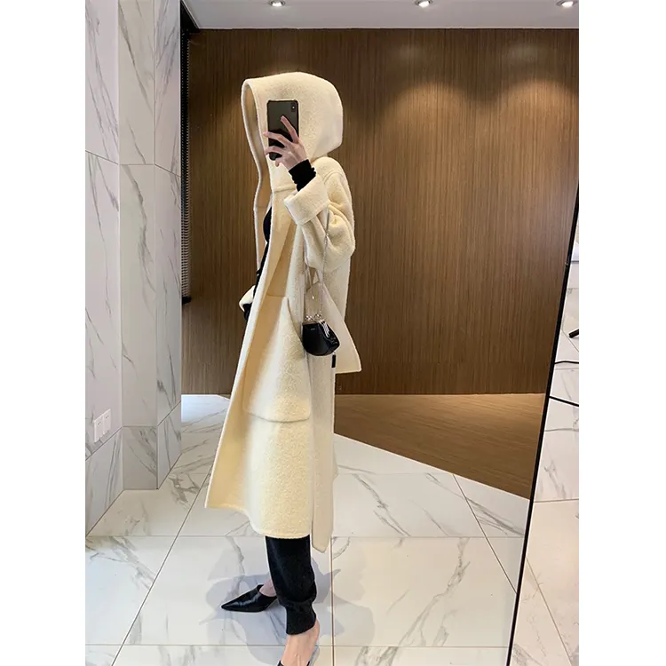 elegant Women Double Face Long Cashmere Wool Coat alpaca coat with hood