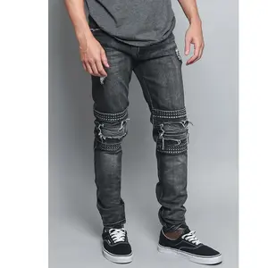2021 fashion studded warm jeans men stacked denim jeans men slim biker jean pants for man