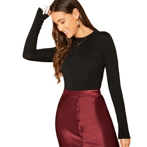 Top corto de cuello alto con lechuga para mujer, camiseta de manga larga ajustada, Tops elásticos, camiseta recortada - Product Image 1