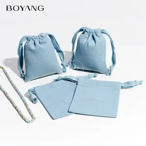 Bolsa de embalaje de regalo de joyería de algodón con cordón pequeño reciclable personalizado Boyang con logotipo