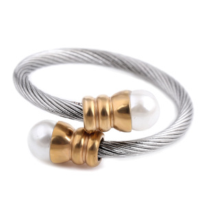 Stainless Steel Pearl Inlaid <b>Adjustable</b> Cable <b>Bracelet</b> Two Tone Fashion Jewelry Everyday Wear - Product Image 5