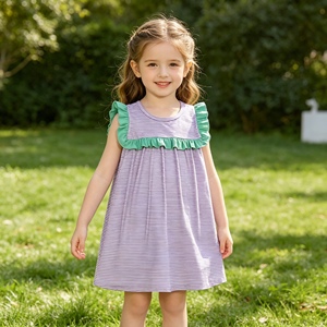 GSD3560 RTS Vestido sin mangas para niña, con estampado de rayas moradas, hasta la rodilla, con encaje floral, venta al por mayor - Product Image 1