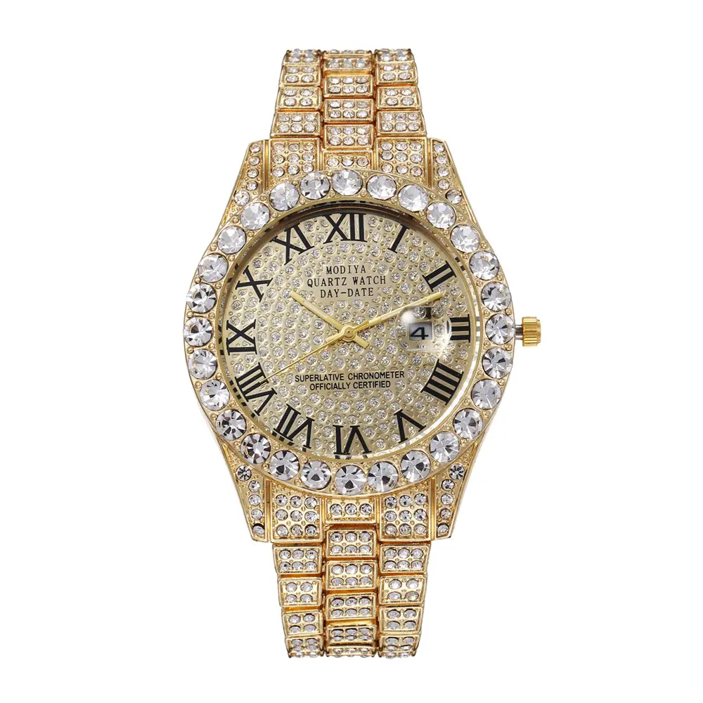 Iced out Rhinestone lịch đầy đủ khoan bề mặt Roman quy mô hợp kim thép vành đai thạch anh xem người đàn ông