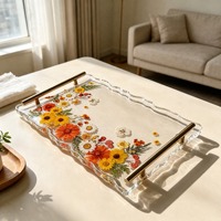 Plateau de vanité personnalisé en résine époxy avec fleurs pressées, modèle transparent, poignée dorée de luxe, organisateur de bijoux, décoration d'intérieur