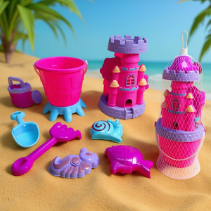 Set di Giocattoli da Spiaggia Castello di Sabbia Rosa 7 Pezzi con Secchiello, Paletta e Stampi per Bambini - Product Image 3