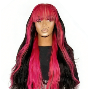 Peluca de Cabello Humano 100% Natural con Raíz Rosa y Reflejos, Negra, con Flequillo, Ondas Suaves, Densidad 180-200, Encaje Frontal 13x4 13x6 - Product Image 1