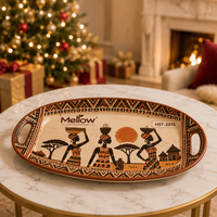 Plat tribal en céramique Safari OEM, émaillé aux tons terreux, avec poignée ovale en bois d'acacia, motif femmes du village africain, pour l'importation africaine