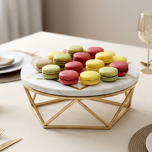 Gold Plated Metal And Marble Display Stand Round Shape Geometric Design Stylish Dessert Holder For Kitchenware And Tabletop Use - Product Image 1