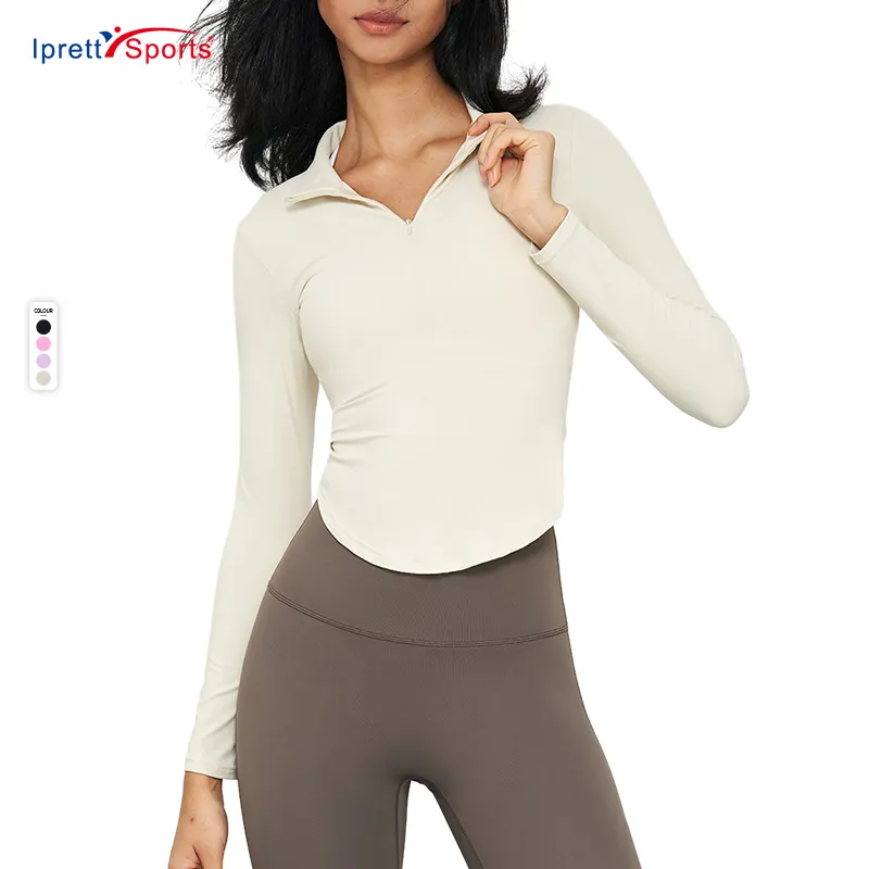 Kaus Yoga wanita, baju Fitness seksi ramah kulit kompresi nilon Super lembut lengan panjang elastis setengah ritsleting kerah berdiri